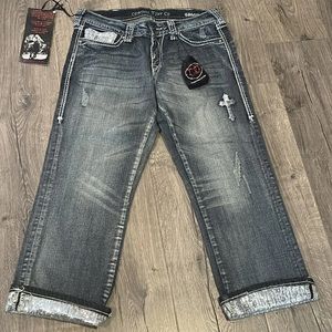 COWGIRL TUFF CO Womens Size 29 Crosses Shimmer Low Rise Denim Capri Sequin